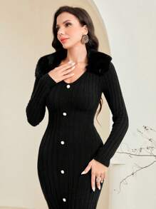 Modelyn Button Front Ribbed Knit Sweater Dress Fall Cloth For Women - Black - View 3