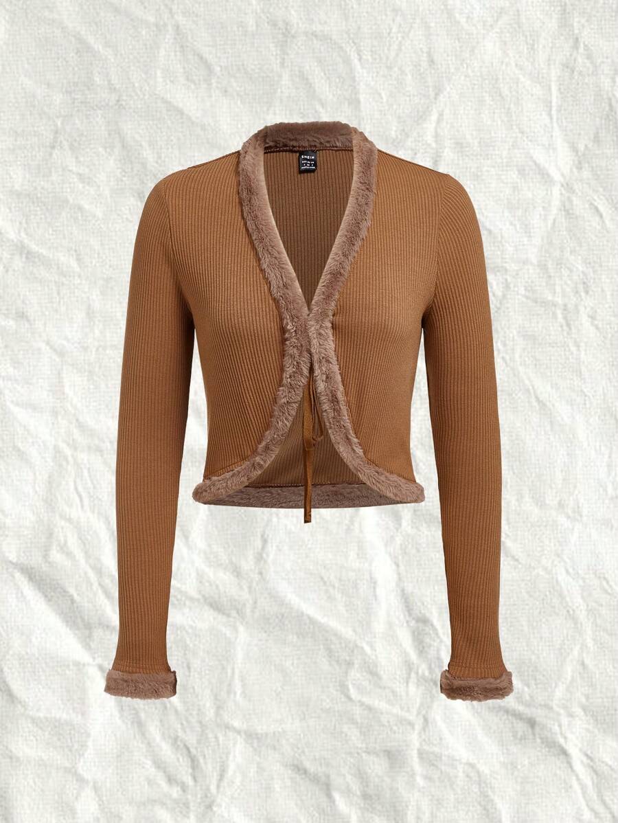 SHEIN EZwear Fuzzy Trim Tie Front Crop Jacket