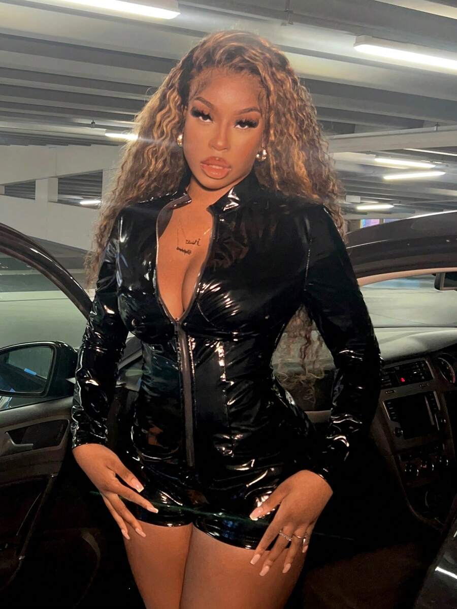 Slaydiva 黑色高领亮面拉链 PU 皮革长袖连体裤 - 黑色 - 查看 1