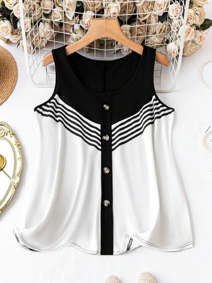 SHEIN LUNE 夏季大尺碼鈕扣細節兩色條紋背心