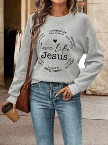 SHEIN LUNE Thả vai Lá thư In Của phụ nữ Áo nỉ - Màu Xám nhạt - Xem 1