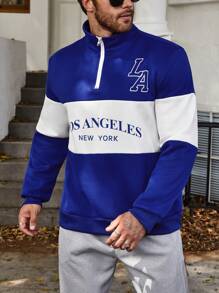 Manfinity Homme Men Plus Letter Graphic Two Tone Quarter Zip Sweatshirt - Blue and White - View 5