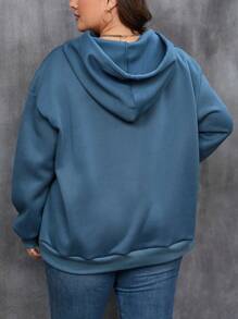 SHEIN LUNE Plus Size Letter Graphic Pocket Drop Shoulder Drawstring Sweatshirt Fall Cloth For Women Winter Autumn - Dusty Blue - View 2