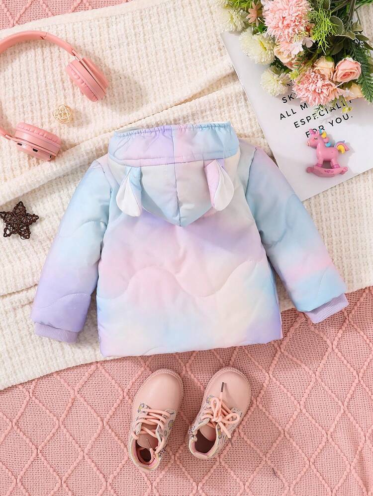 Baby Girls' Casual And Cute Tie-Dye Printed Padded Coat With 3d Ear Hoodie, Great For Outdoor In Autumn And Winter