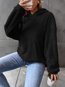 SHEIN EZwear Thả vai Flannel Hoodie - màu đen - Xem 3