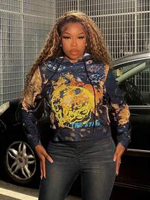 Slaydiva Letter & Space Graphic Drawstring Hoodie