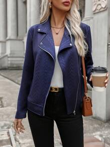 SHEIN LUNE Solid Zip Up Moto Jacket - Navy Blue - View 4