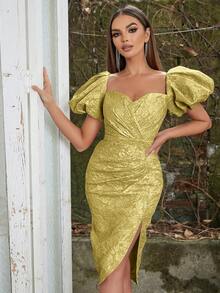 夏季优雅提花甜心领夸张泡泡袖侧开衩连衣裙 - 黃色 - 查看 5