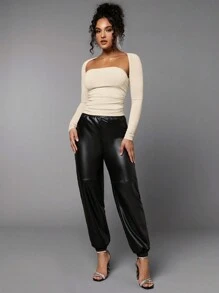 SHEIN BAE 純色褶飾鏤空上衣 - 杏色 - 查看 3