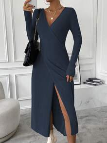 SHEIN Privé Surplice Neck Wrap Hem Sweater Dress - Blue - View 5