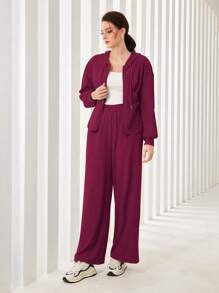 Mulvari Conjunto de 2 piezas con sudadera con capucha de hombros caídos y cordón ajustable, y pantalones de pierna ancha - Rojo violeta - Ver 5