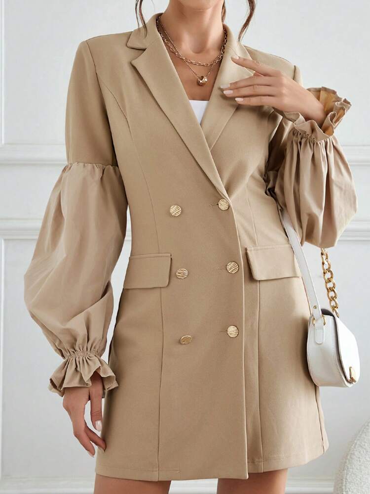 Flounce Sleeve Double Breasted Flap Detail Blazer Dress