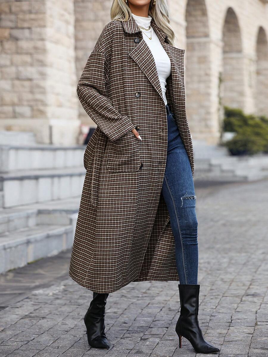 SHEIN LUNE 網格格紋雙排釦毛呢腰帶女大衣 - 棕色 - 查看 1