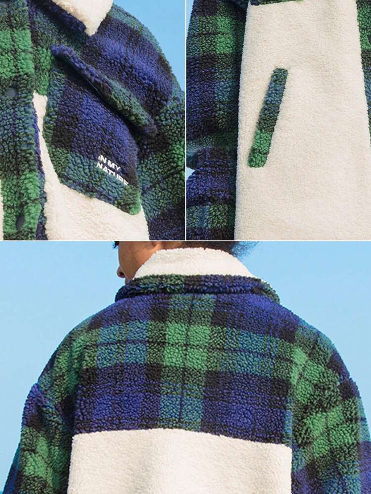 Plaid Print Borg Collar Drop Shoulder Flap Pocket Thermal Lined Jacket