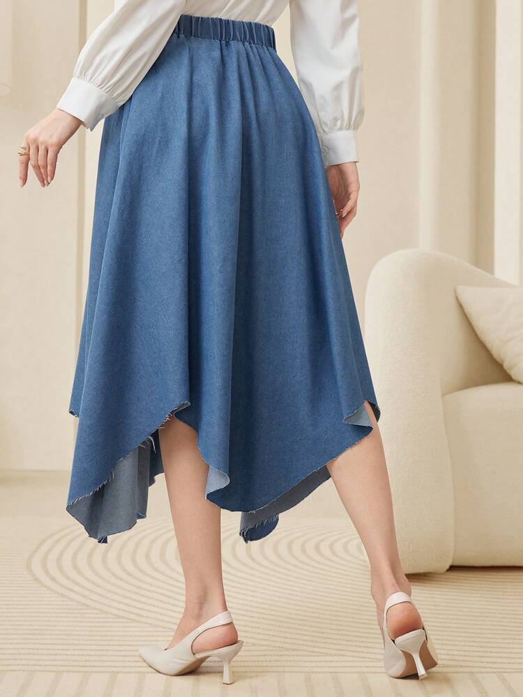 Women's Blue Asymmetrical Elastic High Waist Loose Comfortable Denim Skirt For Casual Or Semi-Formal Occasions