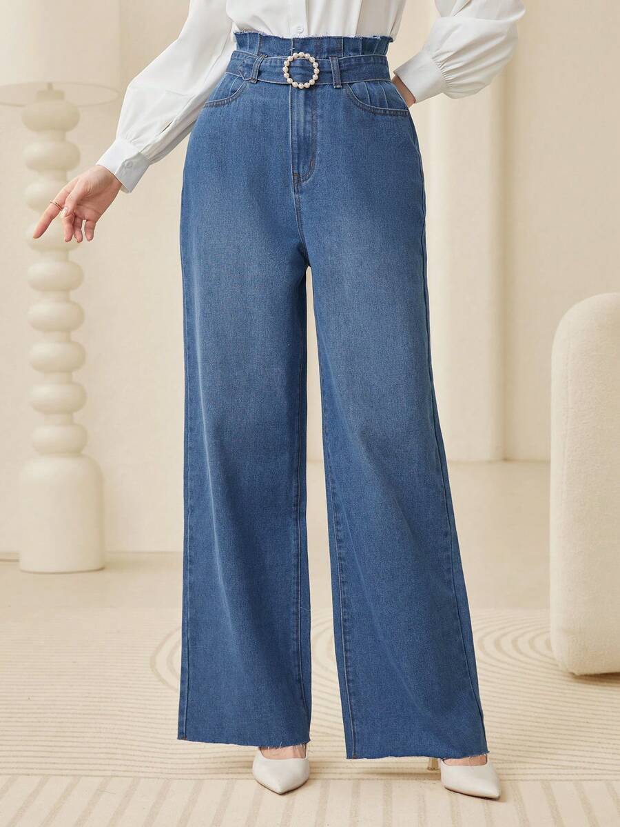 Mulvari 女款藍色寬鬆舒適高腰腰帶女士長款休閒時尚寬褲 - 中等水洗藍 - 查看 1