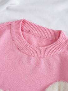 SHEIN EZwear 卡通圖案前蝴蝶結落肩袖套頭毛衣 - 粉色 - 查看 4