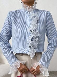 SHEIN Privé 條紋印花荷葉邊荷葉袖前紐扣襯衫 - 藍色 - 查看 3