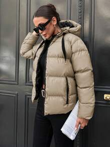 RueChic Women'S Hooded Drawstring Padded Jacket - Beige - View 1