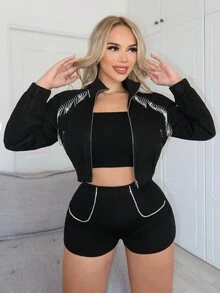 SHEIN SXY 鑲有水晶流蘇拉鍊短外套 - 黑色 - 查看 4