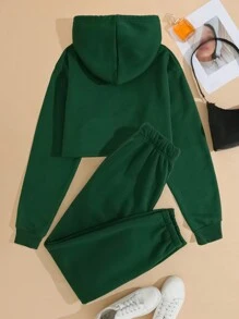 SHEIN EZwear Lá thư & Ngôi nhà In Hoodie Và Quần Bộ Với dây rút Đối với phụ nữ - Màu xanh lá cây đậm - Xem 2