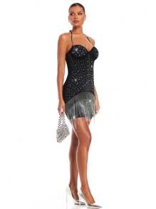 SHEIN BAE 女式水鑽珍珠流蘇下擺掛脖洋裝