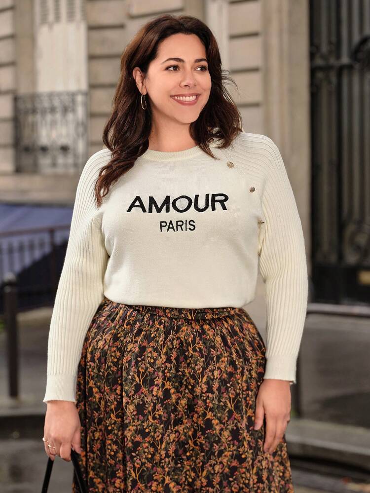 Plus Letter Pattern Raglan Sleeve Sweater