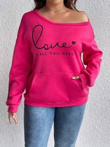 Calvaya Plus Heart & Slogan Graphic Pocket Drop Shoulder Sweatshirt Fall Cloth For Women Winter Autumn - Hot Pink - View 6