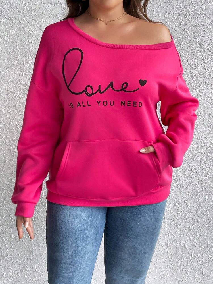 Plus Heart & Slogan Graphic Pocket Drop Shoulder Sweatshirt Fall Cloth For Women Winter Autumn