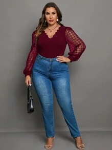 SHEIN Clasi Plus Contrast Mesh Scallop Trim Lantern Sleeve Top - Burgundy - View 5