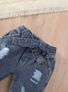 嬰幼女童可愛甜美花朵腰帶撕破錐形牛仔褲 - 深色水洗藍 - 查看 3