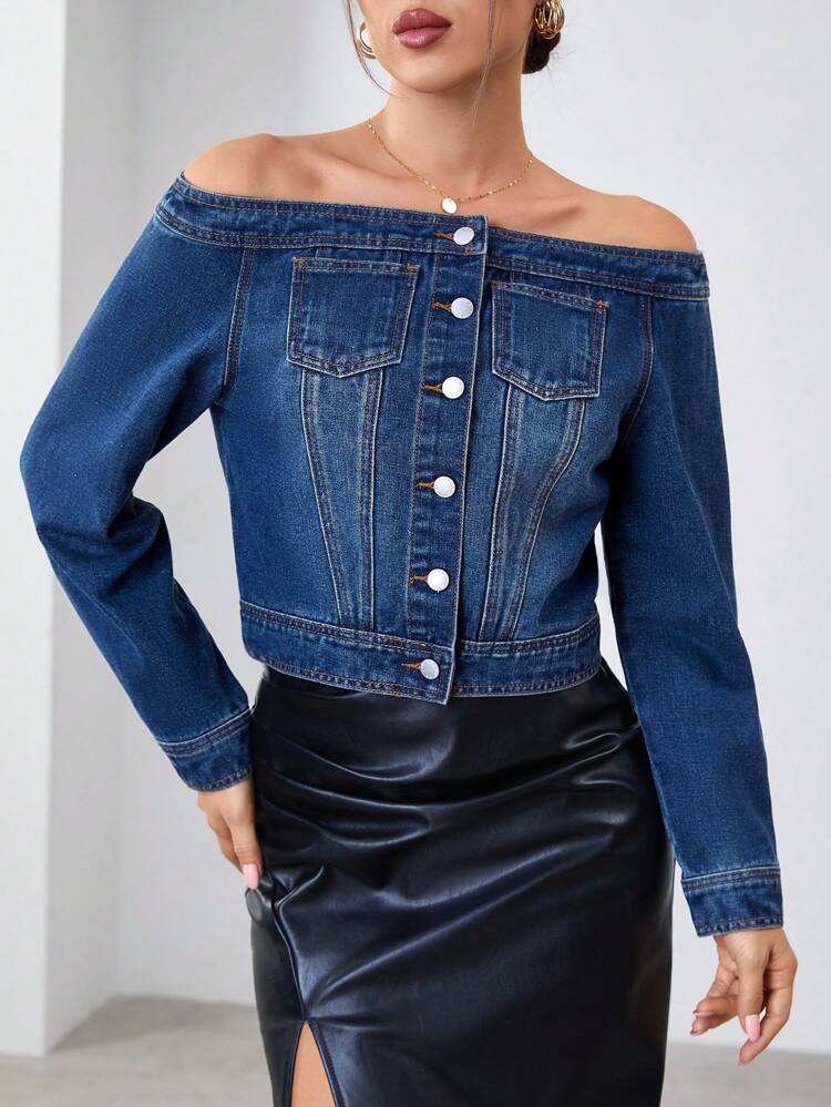 Off Shoulder Button Front Denim Jacket