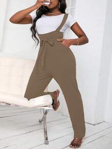 SHEIN Slayr Màu thuần Bowknot Hình nón Quần yếm - Màu Khaki - Xem 6