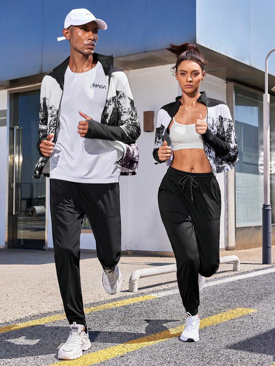 Gym Rark Men Tie Dye Colorblock Zip Up Sports Jacket Workout Tops Sports Jacket - Black and White - View 1