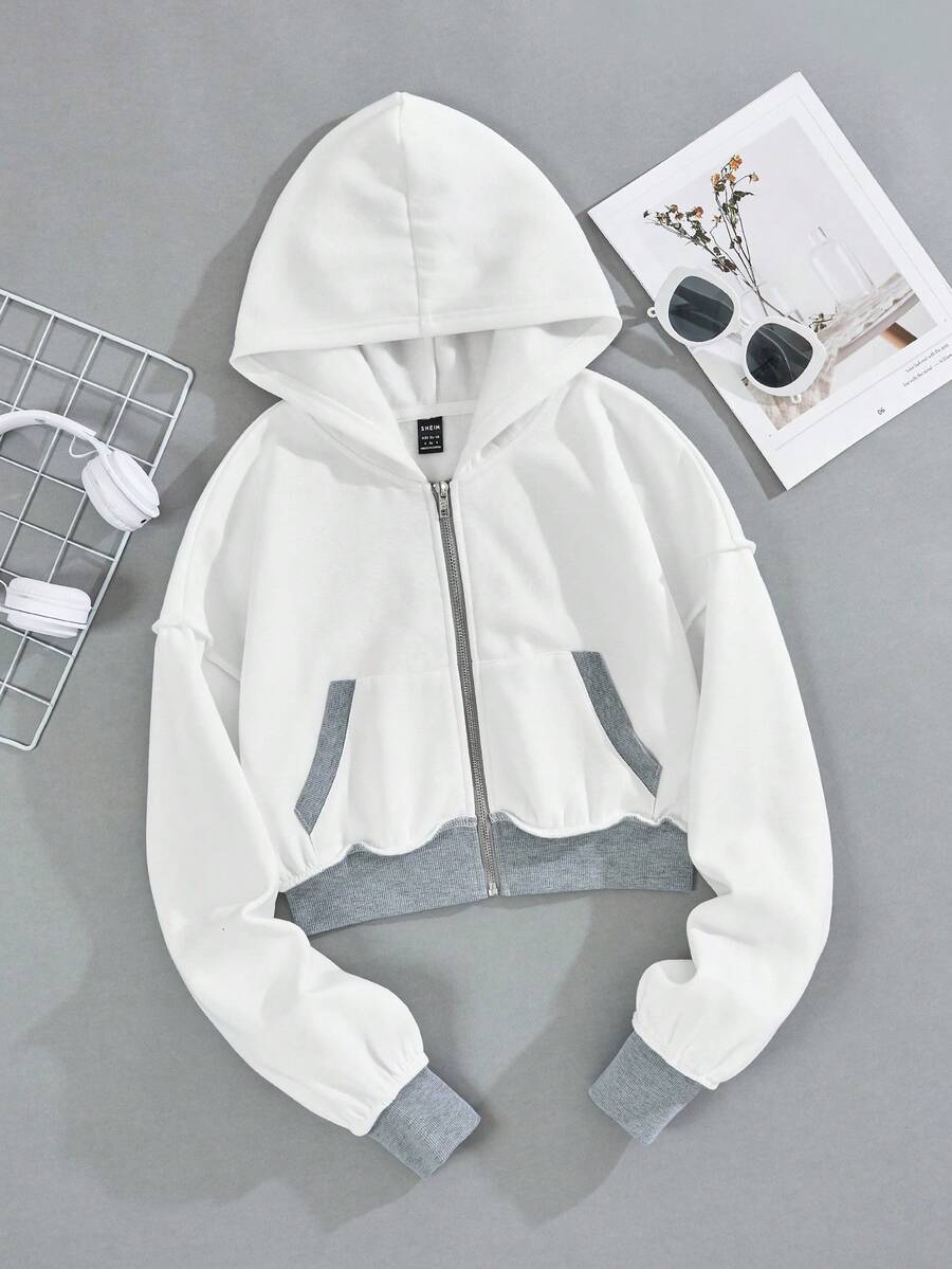 SHEIN EZwear Contrast Binding Drop Shoulder Zip Up Hoodie - Multicolor - View 1