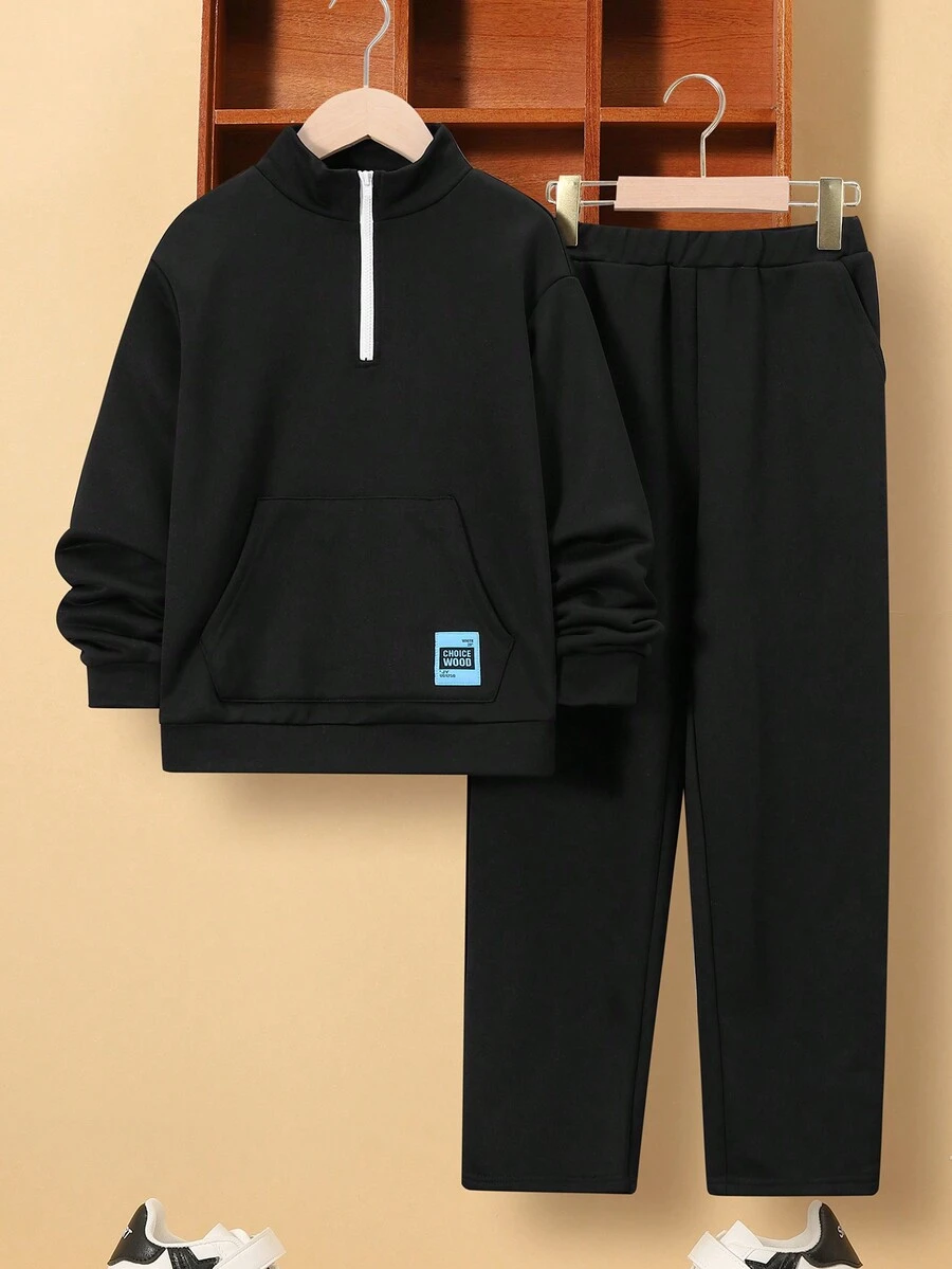 SHEIN Tween Boy Letter Patched Kangaroo Pocket Half Zip Sweatshirt & Sweatpants - Black and White - View 1