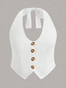 Calvaya 大碼前紐扣後背繫帶掛脖上衣 - 白色 - 查看 1