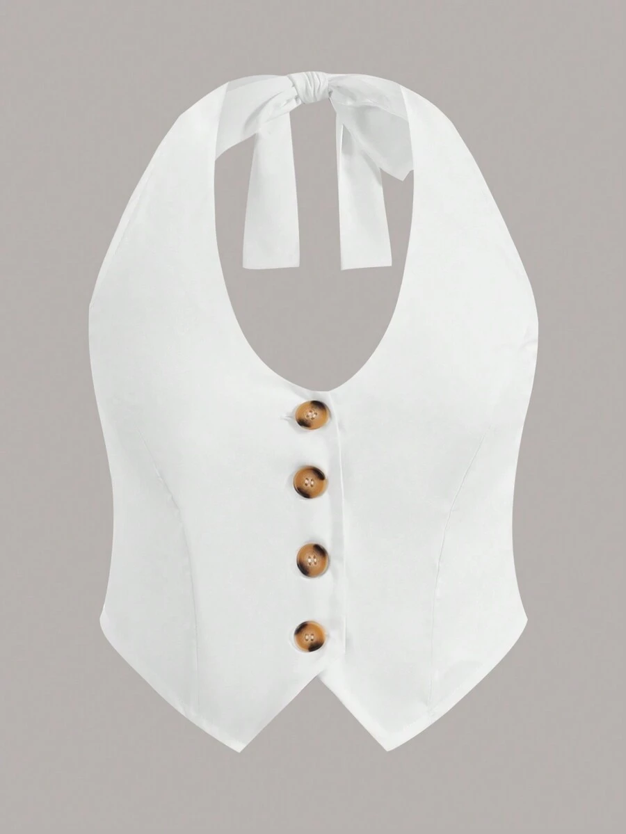 Calvaya 大碼前紐扣後背繫帶掛脖上衣 - 白色 - 查看 1