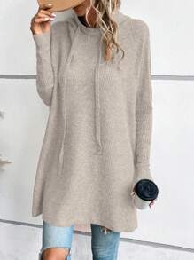 SHEIN LUNE 蝙蝠袖抽绳连帽针织套头衫 秋冬毛衣 - 灰色 - 查看 5