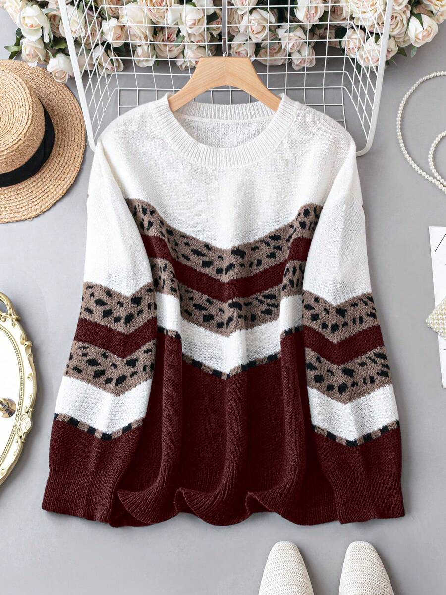 SHEIN LUNE Áo len cỡ lớn in họa tiết da báo phối màu, áo len chui đầu dệt kim, áo len mùa thu đông. - Màu Đỏ Sâu - Xem 1