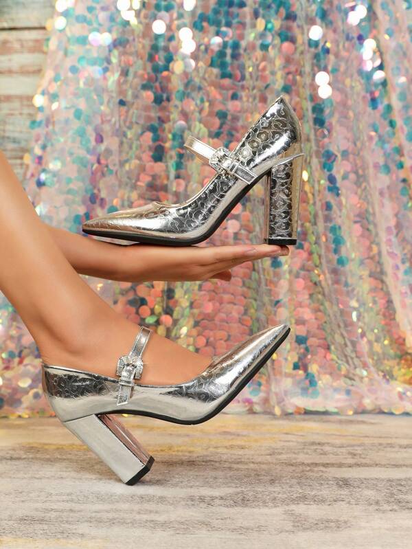 Women's Silver High Heel Shoes With Ankle Strap, Chunky Heels, Height