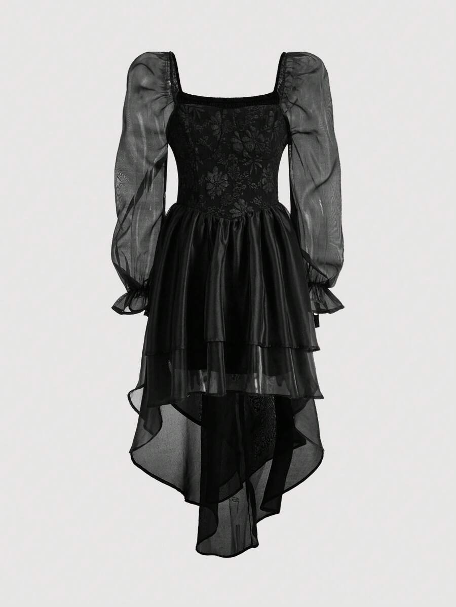 SHEIN MOD Vestido de manga amplia floral jacquard bajo asimétrico de malla - Negro - Ver 1