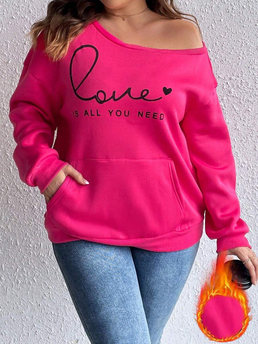 Calvaya Plus Heart & Slogan Graphic Pocket Drop Shoulder Sweatshirt Fall Cloth For Women Winter Autumn - Hot Pink - View 1