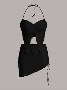 SHEIN ICON Dây rút Viền không đối xứng Áo Crop Halter & Váy bodycon - màu đen - Xem 2