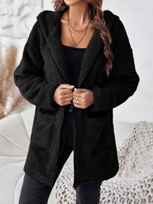 SHEIN LUNE Dual Pocket Hooded Teddy Coat In Fall/Winter - Black - View 1