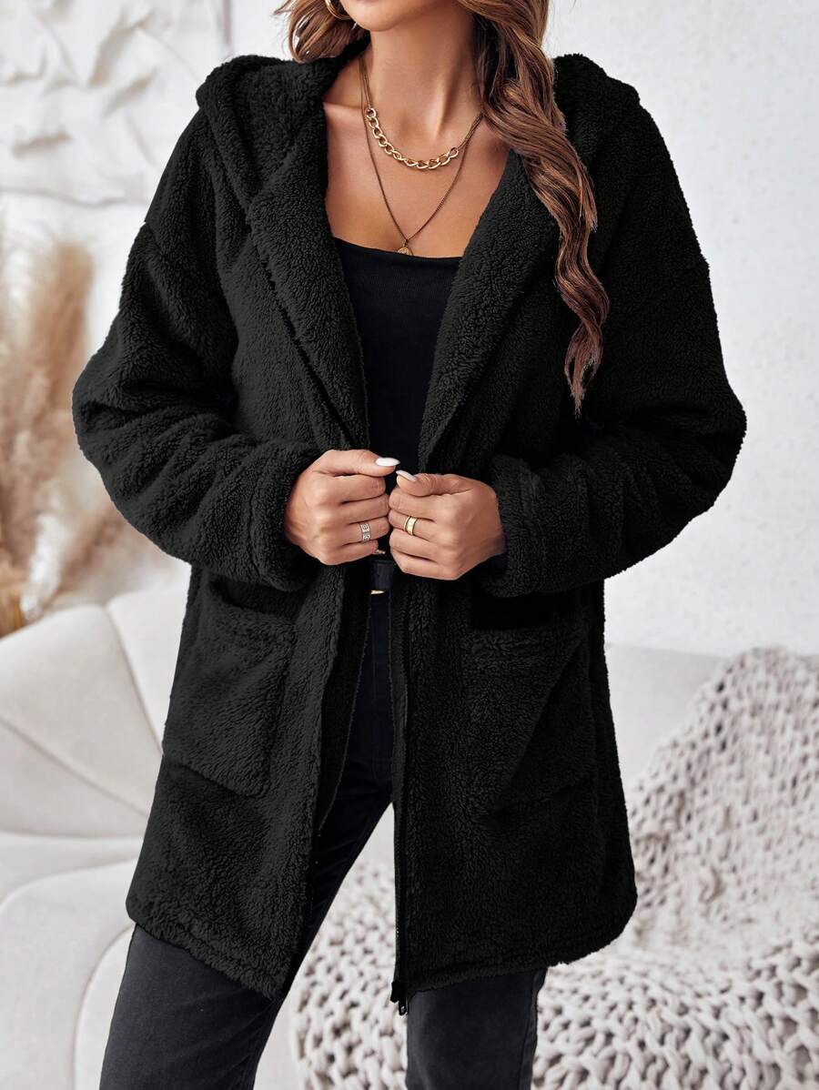SHEIN LUNE Dual Pocket Hooded Teddy Coat In Fall/Winter - Black - View 1