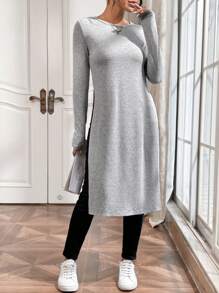 SHEIN Essnce Chất rắn Tách đùi Áo phông Dài - Xám - Xem 1