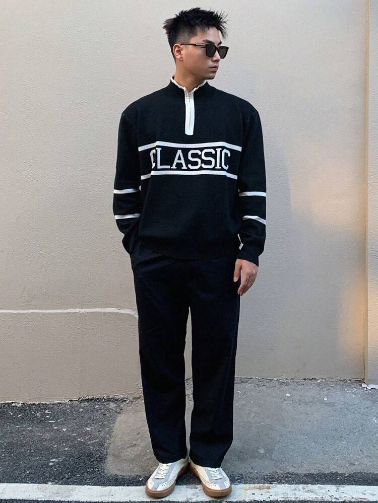 Men Letter Pattern Quarter Zip Sweater,Fall Clothes Business Attire