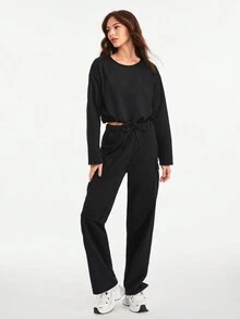 Daily&Casual 素色抽繩運動2件套套裝 - 黑色 - 查看 3