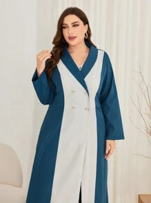 Mulvari Women's Plus Size Color Block Double-Breasted Arabian Dress With Shawl Collar Abayas - Multicolor - View 6